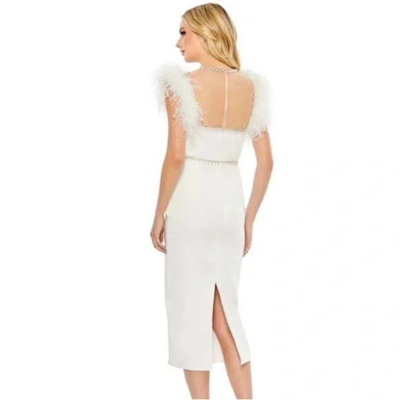 NWOT MAC DUGGAL FEATHER CAP SLEEVE PEARL EMBELLISHED T-LENGTH FIT DRESS sz 6 - Picture 6 of 11